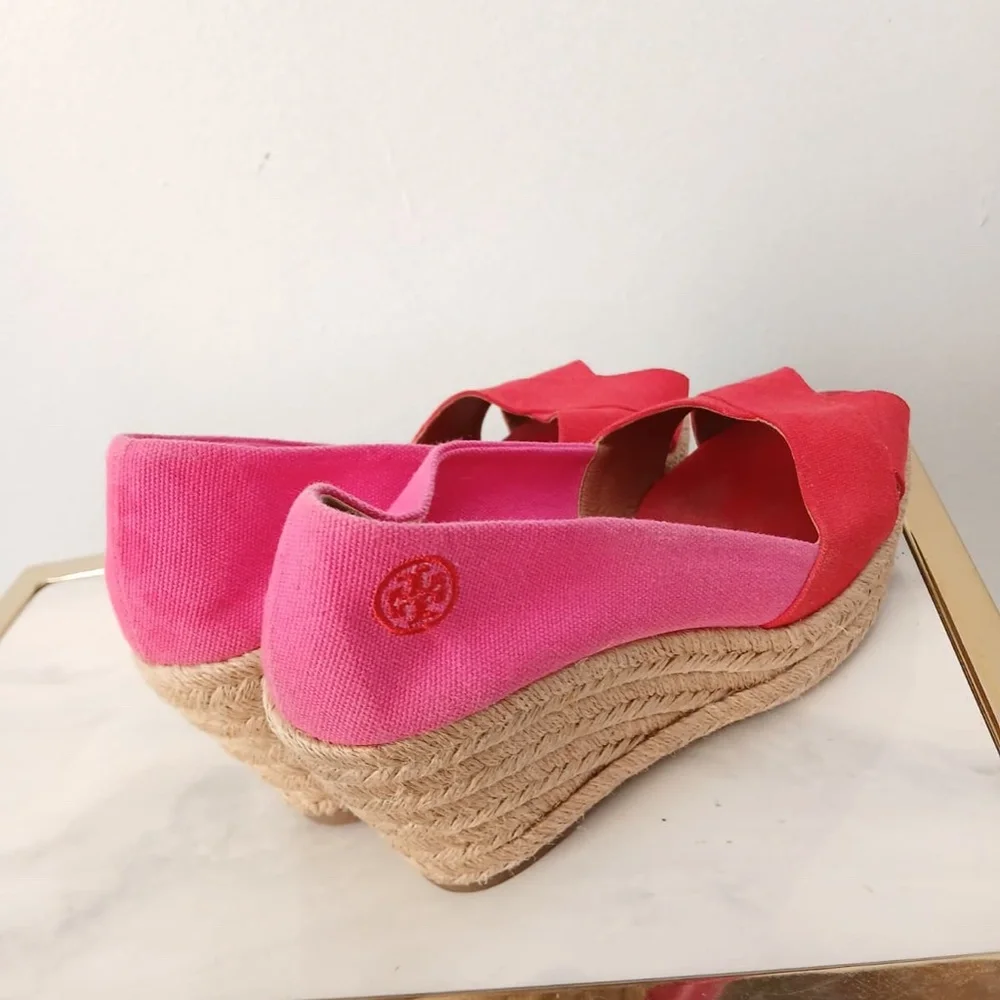 Tory Burch Pink Espadrille Wedge Sandals Size 8.5.